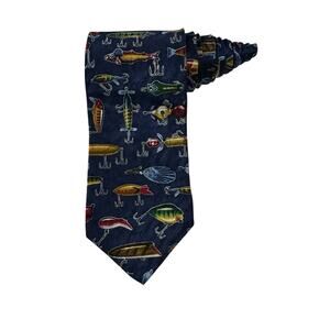 Vintage RM Sport Mens Ralph Marlin "All Lures" Pattern NeckTie Navy 100% Silk